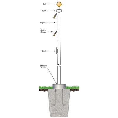 20' White Fiberglass Flagpole External Halyard - Hinged Base