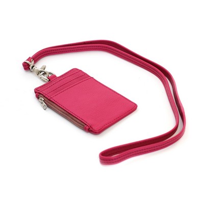 Ashlin® Designer Fuchsia Pink Aulora Pebbled Cowhide Zippered I.D. Holder w/Lanyard