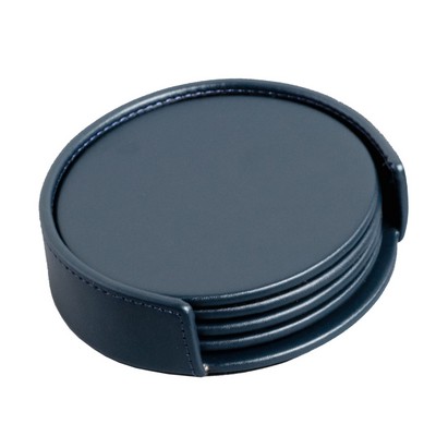 Classic Leatherette Navy Blue Round 4 Set Coaster w/Holder