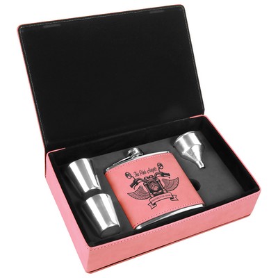 Stainless Steel Pink Leatherette Flask Gift Set