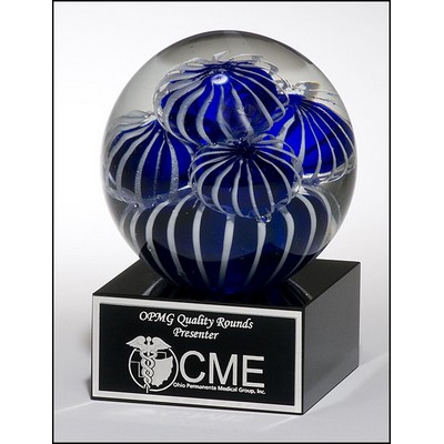 Art Glass Globe Award w/Blue & White Sea Anemone Design on Black Glass Base