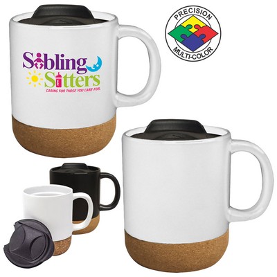 14 Oz. White Desk Mug w/Cork Base & Slider Lid - Dishwasher Resistant - Precision Spot Color