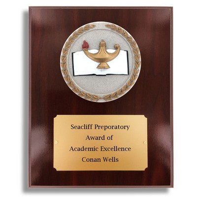 Dark Cherry Walnut Finish Plaque w/Lamp of Learning Stone Cast Emblem (8" x 10")