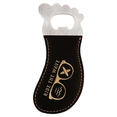 Black-Gold Leatherette Foot-Shaped Bottle Opener with Magnet, Laserable