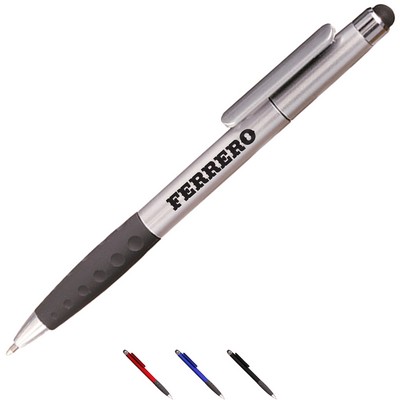 Twist Plastic Pens w/ Rubber Grip & Stylus Top Ballpoint Pen