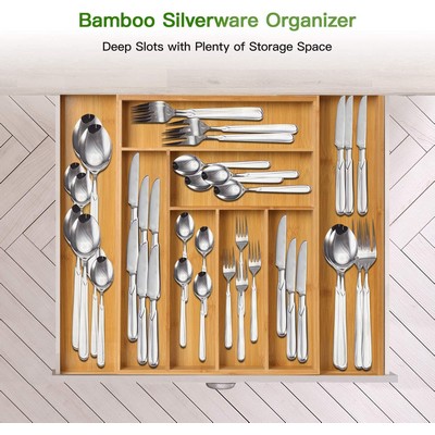 Bamboo Expandable Drawer Organizer for Utensils Holder Adjustable Cutlery Tray