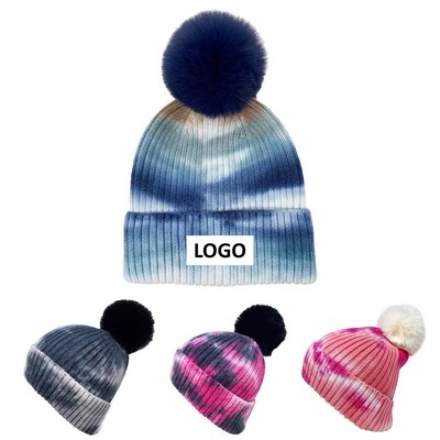 Tie-dye Printed Knitted Beanie With Pom-Pom