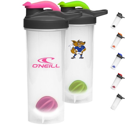 Gym Water Bottles - 24 oz. Shaker Bottle w/ Mixer & Handle