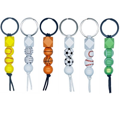 Printed Wooden Bead Key Ring Basketball Tassel Keychain