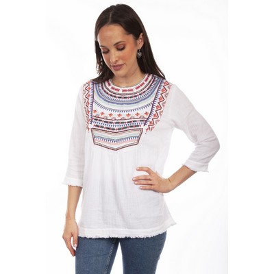 Honey Creek Embroidered Blouse w/Frayed Hems