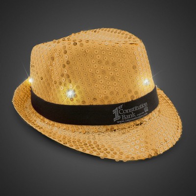 Gold Sequin Light Up Fedora Hat w/Silk Screened Black Band