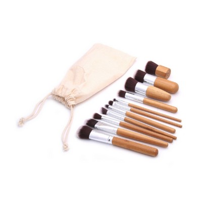 11 Pieces Bamboo Handle Makeup Brush Set With Pouch Bag