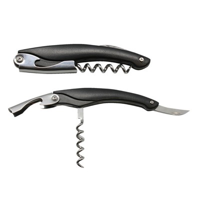 Metal Wine Opener with Corkscrew, Knife, & Black Handle