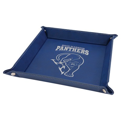 9" x 9" Blue/Silver Laserable Leatherette Snap Up Tray with Silver Snaps