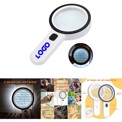 30X Handheld Large Magnifying Glass 12 LED