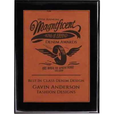 Ebony Piano Finish Plaque with Rawhide Faux Leather Plate, 9 x 12"