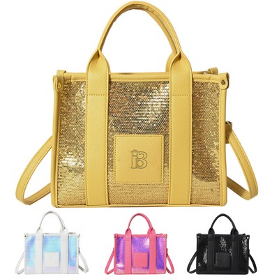 PU Leather Crossbody Bag Sequins Clash Color Tote