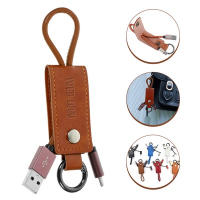 Retractable 2-In-1 Leather Keychain Charging Cable