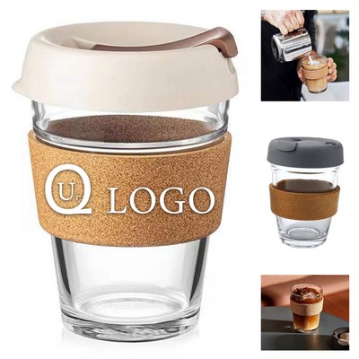 12 Oz Coffee Glass Cups W/ Cap And Cork Band