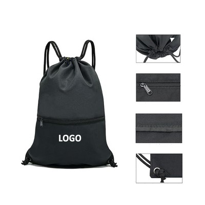 Oxford Drawstring Sports Backpack With Front Zipper Pocket