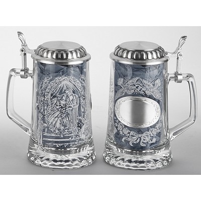 Glass Wedding Stein w/Pewter Emblem