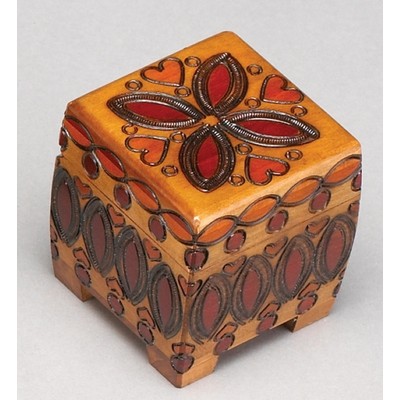 Miniature Cube Wood Box w/Heart & Flower Pattern (2 5/8"x2 5/8"x3")