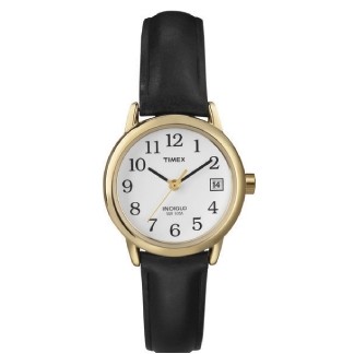 Timex Black Leather Strap Core Easy Reader Mid Size Watch W/ Gold Case