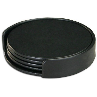 Classic Leatherette Black Round 4 Set Coaster w/Holder