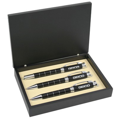 Silver Finish Circular Design Ballpoint and Roller Ball Pen and Pencil Set