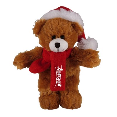 Soft Plush Stuffed Mocha Teddy Bear w/ Christmas Hat & Scarf