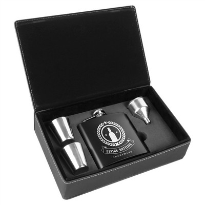 Stainless Black Flask Gift Set in Black Faux Leather Box, Engraved