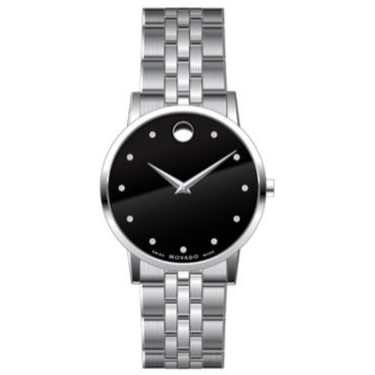 Movado Museum Classic Gentes Stainless Steel Watch & Bracelet w/Black Dial & Diamonds