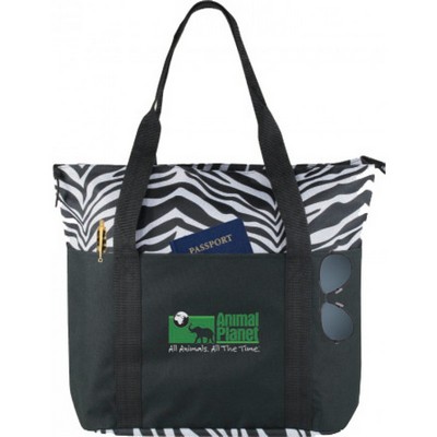 Zippered Zebra 600D Poly Tote Bag