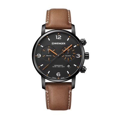 Swiss Army Urban Metropolitan Black Chronograph Dial with Orange hands, PVD Case, Brown Strap