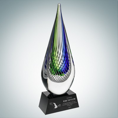 Art Glass Ocean Green Narrow Teardrop Achievement Award w/Black Base