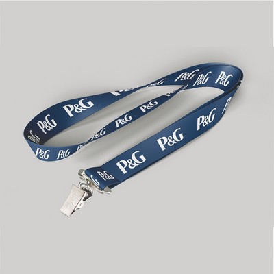 1" Navy Blue custom lanyard printed with company logo with Bulldog Clip attachment 1"