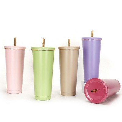 25 Oz. Double Wall Gold Edge Tumbler With Straw & Lid