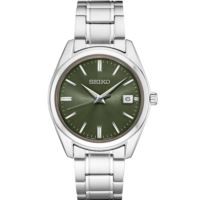 Seiko Essentials Sterling Silver Watch w/Quartz Green Dial