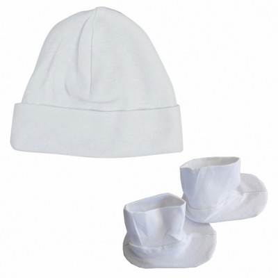 2-Ply Rib Knit White Beanie Cap & Booties Set