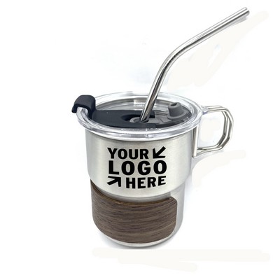 8 Oz.Stainless Steel Coffee Mugs with Lid & Handle & Straw