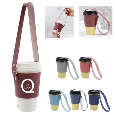 Leather Coffee Cup Sleeve W/Strap