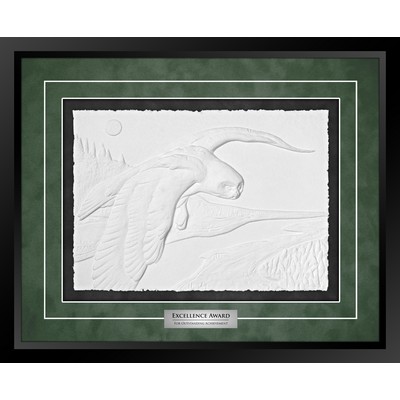 Snowy Owl (Black/Green) - Cast Paper Sculptured Art - Shadowbox Plaque 18"x22"