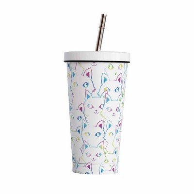 17oz Cat Faces Stainless Steel Tumbler with Metal Straw