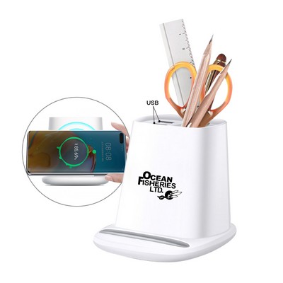 5W Wireless Charger Pen Holder With Dual USB Charging Ports