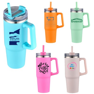 30 Oz S/S Travel Mug With Color Matching Handle and Straw