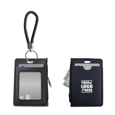 Zipper PU Leather Card Case w/Keychain