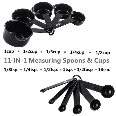 11 in 1 Black Plastic Measuring Cup and Spoon Set with Volume Mark