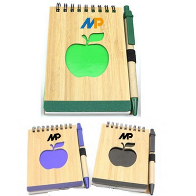 Spiral Notepad w/ Button Pen&Bamboo Cover